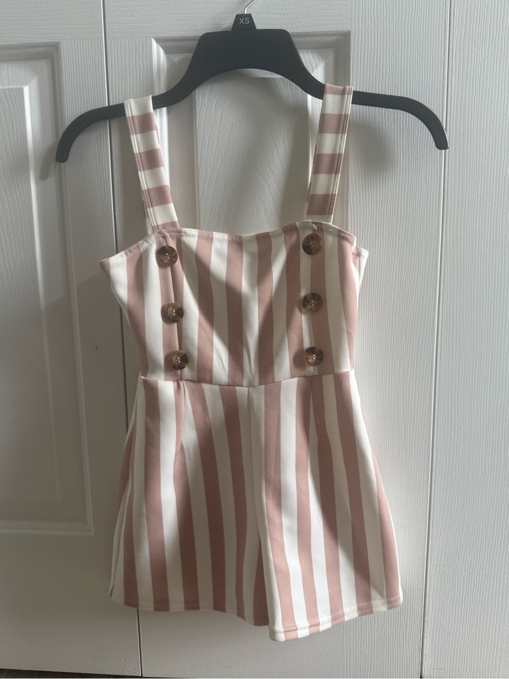 Pretty Little Thing Petite XS striped neutral romper with buttons